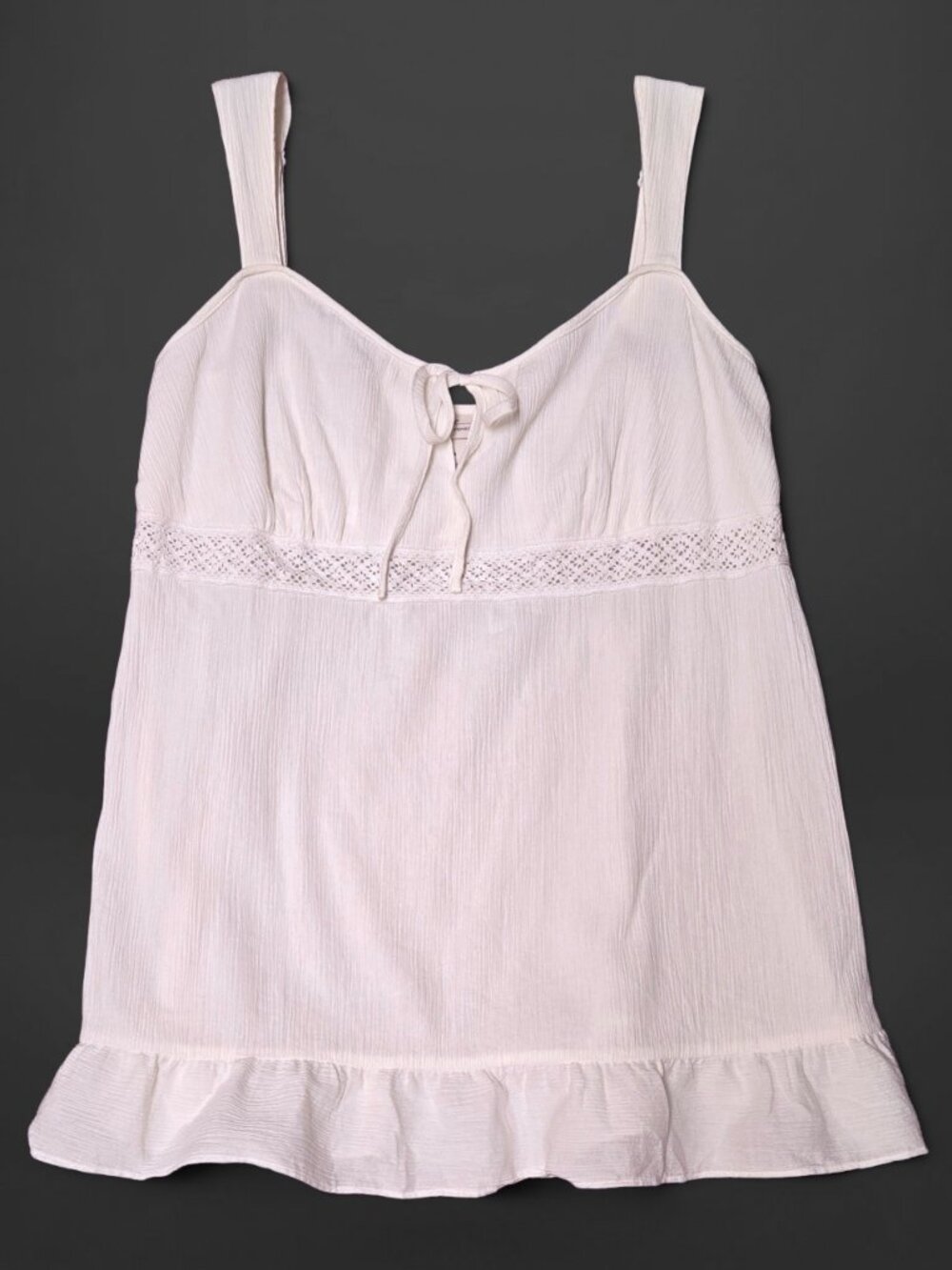 Venezia Y2K Babydoll Bow Ruffle Eyelet Gauze White Tanktop (Size 14)